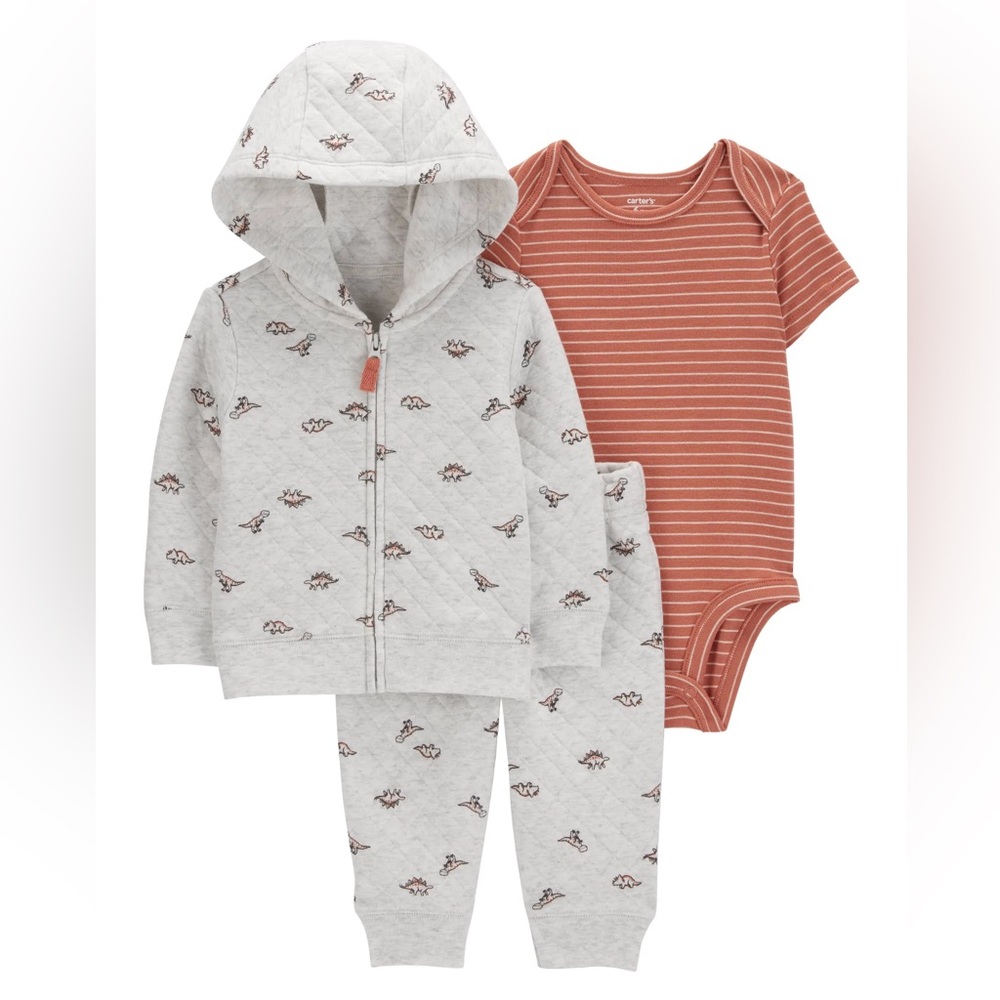 NWT Grey Quilted Jacket and Orange Striped Onesie Set 6 mo